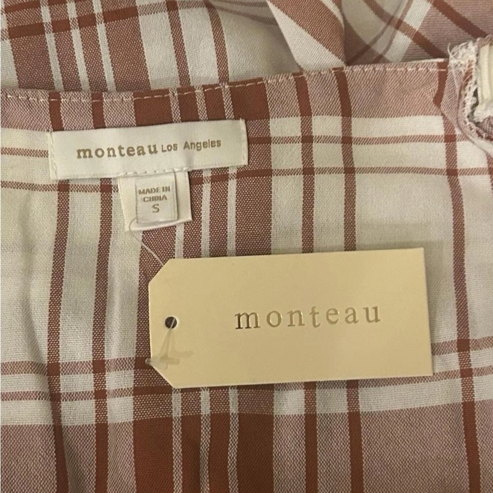 🆕Monteau Casual Baby Doll Plaid Dress W 1/2. Puff Sleeves Cream/Rust Brown Small - Picture 5 of 5